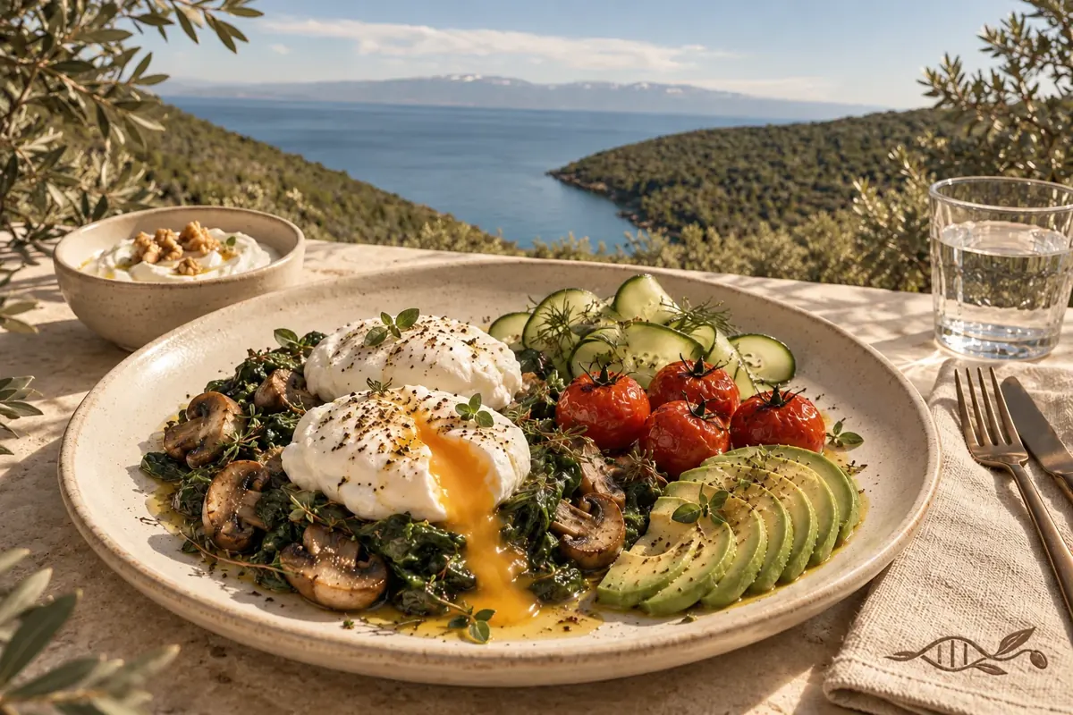 Poached eggs with greens, mushrooms, avocado and roasted tomatoes overlooking the cove